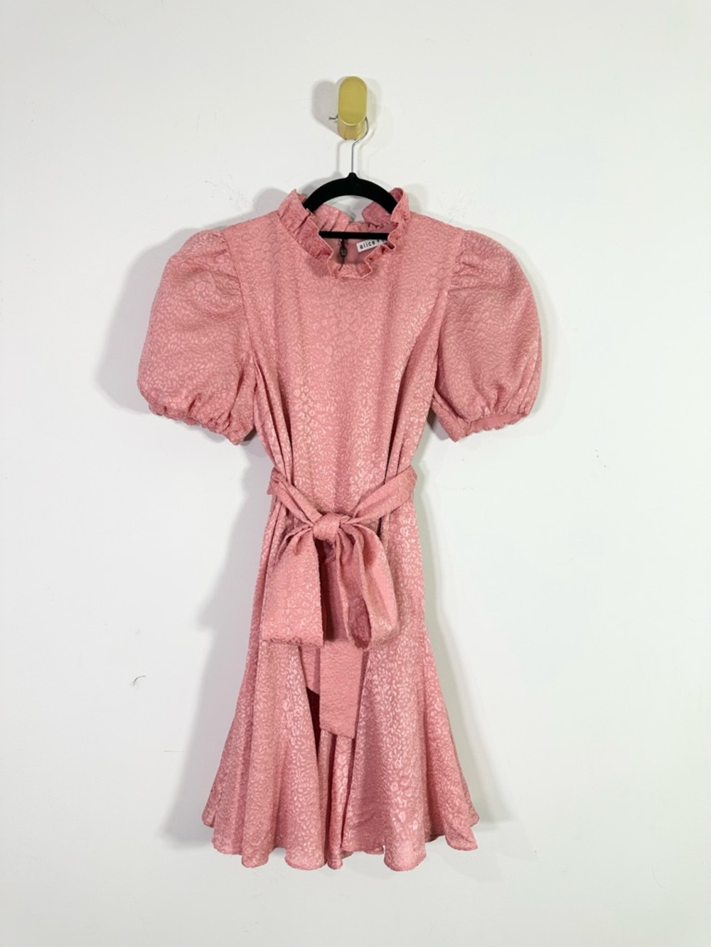 Alice + Olivia Pink Bubble Sleeve Floral Jacquard Belted Mini Dress